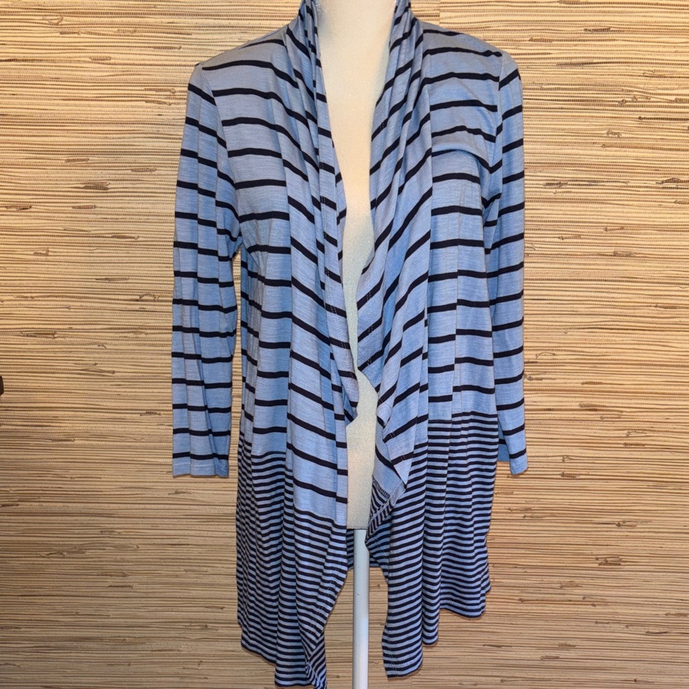 Talbots Blue & Navy Striped Cardigan medium open front wrap style EUC!